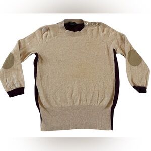 J Crew Wool Cashmere Sweater L Beige Burgundy Elbow Patch Colorblock Pullover